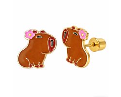 La Rosa Princesa Capibara Oorbellen roze Bloemetje Goudkleurig Chirurgisch Staal – Schroefsluiting Kinder Oorknopjes Meisje verguld