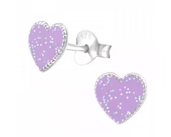 La Rosa Princesa Hartvormige Oorbellen Meisje Paarse Glitter Zilver – 7mm Oorknopjes – Kinderoorbellen Cadeau voor Meisjes