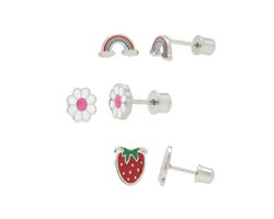 La Rosa Princesa Kinderoorbellen Set - 3 Paar - 316L Chirurgisch Staal - Aardbei, Regenboog & Madeliefje - Met Schroefsluiting - Zilverkleurig - Hypoallergeen
