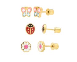 La Rosa Princesa Kinderoorbellen Set - 3 Paar - 316L Chirurgisch Staal - Goudkleurig - Met Schroefsluiting - Madeliefje, Lieveheersbeestje & Vlinder - Hypoallergeen