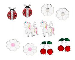 La Rosa Princesa kinderoorbellen set 5 paar-316l-chirurgisch-staal-eenhoorn-madeliefje-lieveheersbeestje-kers-zilverkleurig-hypoallergeen