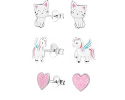 La Rosa Princesa Set Zilveren Eenhoorn Oorbellen Meisje Kat hart Kinder oorknopjes –echt Zilver
