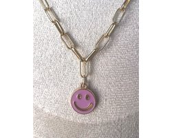 Lamonet - Smiley Ketting - Lila - Hanger - Goudkleurig - Hangertje - Goud Kleur - Positief - Halsketting - Collier - Necklace - Cadeau - Kerst - Bedel - Kado