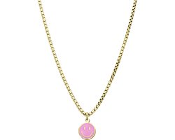 Lucardi Kinder Stalen goldplated ketting met smiley roze - Ketting - Staal - Goudkleurig - 40 cm