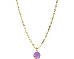 Lucardi Kinder Stalen goldplated ketting met smiley violet - Ketting - Staal - Goudkleurig - 40 cm