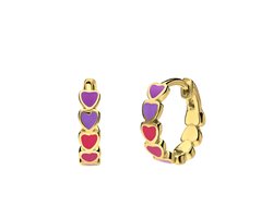 Lucardi Kinder Zilveren goldplated oorring gekleurde emaille hartjes - Oorbellen - 925 Zilver - Goudkleurig - Valentijn Cadeau