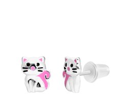 Lucardi Kinder Zilveren oorknop poes emaille roze - Oorbellen - 925 Zilver - Zilverkleurig