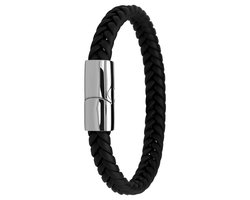 Lucardi Kinder Zwart leren armband met stalen sluiting - Armband - Leer - Zwart - 15 cm