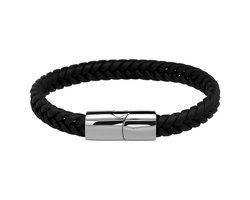 Lucardi Kinder Zwart leren armband met stalen sluiting - Armband - Leer - Zwart - 18 cm