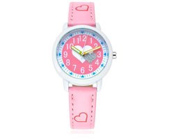 Meisjes Horloge – Roze met Hartjes – Leren Bandje - Girls Watch