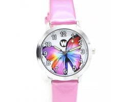 Meisjes horloge roze met Vlinder afbeelding en leer bandje