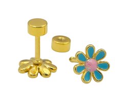 Oorbellen meisje - Hypoallergeen - Verguld staal - Goudkleurig met blauwe bloem - 8 mm
