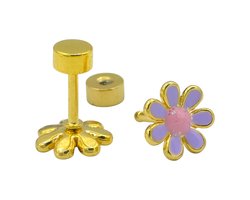 Oorbellen meisje - Hypoallergeen - Verguld staal - Goudkleurig met paarse bloem - 8 mm