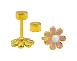Oorbellen meisje - Hypoallergeen - Verguld staal - Goudkleurig met roze bloem - 8 mm