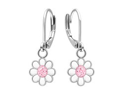 Oorbellen Meisje - Madelief Bloem – 21 mm – 316L Chirurgisch Staal – Zilverkleurig – Roze Glitter Steen – Kinder Oorhangers