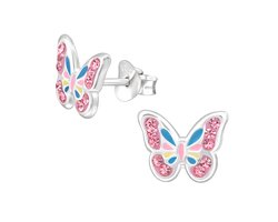 Oorbellen meisje vlinder - zilver - roze - blauw - glitter