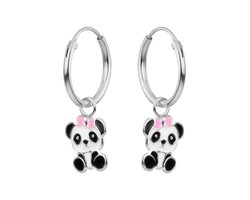 Oorbellen meisje zilver | oorringen met hanger, panda met roze strikje