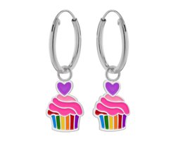 Oorbellen meisje - Zilveren kinderoorbellen - kleurige cupcake - 21 mm