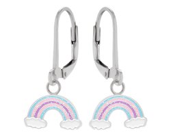 Oorbellen meisje | Zilveren kinderoorbellen | Zilveren oorhanger, regenboog in blauw, roze en paars met wolkjes en glitter