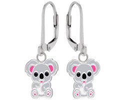 Oorbellen meisje | Zilveren kinderoorbellen | Zilveren oorhangers, lieve koala met zwarte onyx ogen
