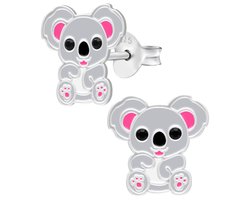 Oorbellen meisje | Zilveren kinderoorbellen | Zilveren oorstekers, lieve koala met zwarte onyx ogen