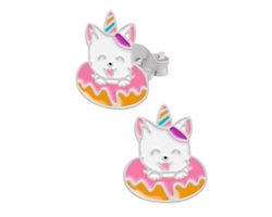 Oorbellen meisjes zilver | Eenhoorn oorbellen | Zilveren oorstekers, wit eenhoornkatje in donut