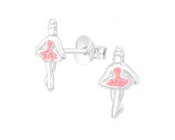 Oorbellen meisjes zilver | Zilveren oorstekers, ballerina met roze glitterjurkje