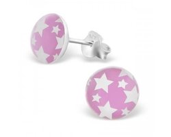 Oorbellen - zilveren oorknopjes - Roze met witte sterretjes - meisje