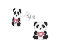 Oorknopjes panda met rose hart en zirkonia