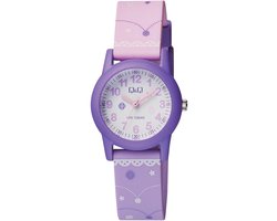Q&Q VR99J006Y - Horloge - Sport - Analoog - Kinderen - Unisex - Plastic band - Rond - Kunststof - Cijfers - Sterretjes - Roze - Paars - Wit - 10 ATM