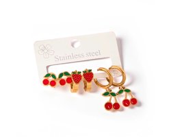 Set 3 Paar Oorbellen - Kers/Aardbei | Stainless Steel | Fashion Favorite