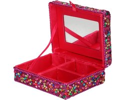 Sieradenkistje met glitters - Fuchsia - Juwelenkistje met spiegel - 8 x 10 x 4 cm - 3-vaks - meisjes