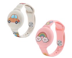 Telestore - 2x Siliconen Armband geschikt voor Apple AirTag voor Kinderen | Roze regenboog en Auto | AirTag-sleutelhanger Hoesje Kind | Polsband GPS Horloge | Tracker Houder Armband | Trackers Band | Peuter | AirTag Polsband Armband | Polsband GPS