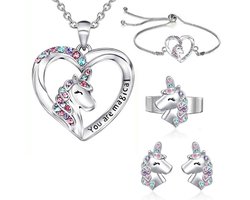 Unicorn sieradenset geschenkset voor meisjes – kinderketting meisje - 4-delige zilverkleurige set met kristallen – Inclusief cadeaudoosje - Ketting, Armband, Ring, Oorbellen - Eenhoorn - Unicorn