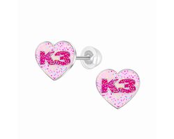 WeLoveSilver - Zilveren oorstekers K3 collectie - roze hart met glitters