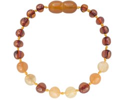 Wild Sun Barnsteen Armband Baby / Peuter - Amber Enkelbandje - Baltische Barnsteen – Pijnstillend bij Doorkomende Tanden - 14 cm - Cognac / Aventurijn