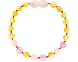 Wild Sun Barnsteen Armband Baby / Peuter - Amber Enkelbandje - Baltische Barnsteen – Pijnstillend bij Doorkomende Tanden - 14 cm – Lemon / Rose Quartz / Pink Jade