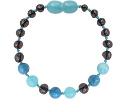 Wild Sun Barnsteen Armband Volwassene - Amber Enkelbandje Kind - Baltische Barnsteen – 19 cm - Cherry / Turquoise / Jade