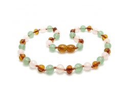 Wild Sun Barnsteen Ketting Kind - Amber Ketting - Baltische Barnsteen – 36 cm - Cognac / Aventurijn / Rozenkwarts