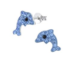 zilveren kinderoorbellen dolfijn donker blauw 32 kristal | Oorknopjes Meisje Zilver | Zilverana | Sterling 925 Silver