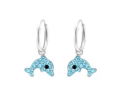 zilveren kinderoorbellen hangend dolfijn blauw kristal | Oorringen Meisje Zilver | Zilverana | Sterling 925 Silver