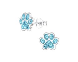 zilveren kinderoorbellen hondenpoot blauw 20 kristal | Dieren poot Oorknopjes Meisje Zilver hondepoot | Zilverana | Sterling 925 Silver