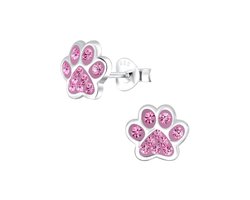 zilveren kinderoorbellen hondenpoot roze 20 kristal | Kat hond Dieren poot Oorknopjes Meisje Zilver hondepoot | Zilverana | Sterling 925 Silver