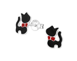 Zilveren kinderoorbellen katje zwart met rood strikje | Oorknopjes Meisje Zilver | Zilverana | Sterling 925 Silver