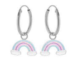 Zilveren kinderoorbellen - Regenboog oorringen met hanger