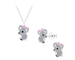 Zilveren koala kinderoorbellen en ketting | cadeau set meisje | koala oorringen hanger Meisje Zilver | kinderketting koala | kindersetje oorbellen ketting | Zilverana | Sterling 925 Silver