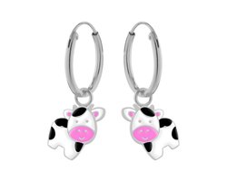 Zilveren oorringen - Fantasiehanger - Koe met roze snuit