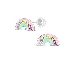 Zilveren oorstekers K3 collectie, regenboog in pastelkleuren met kristallen