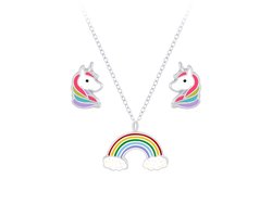 Zilveren unicorn kinderoorbellen en regenboog ketting | eenhoorn oorknopjes Meisje Zilver | kinderketting regenboog | kindersetje oorstekers ketting | kindersieraden meisje sets zilver| Zilverana | Sterling 925 Silver