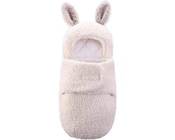 Babyslaapzak – Teddy Inbakerdoek met Konijnenoor­tjes – Maat 74 (6-9 maanden) – Wit/Grijs